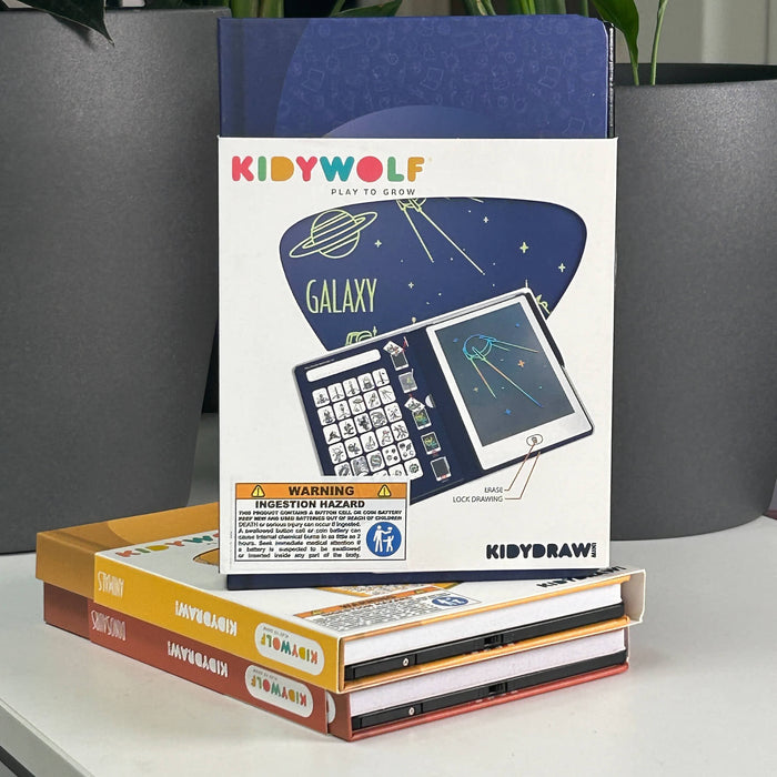 KidyWolf Galaxy toy packaging with a toy device on a white surface.