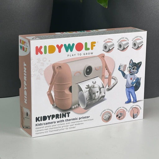 Box of Kidylwolf Kidycamera with thermic printer on a gray background