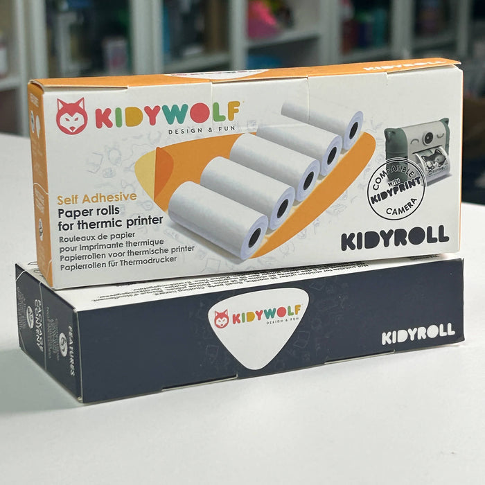 KIDYWOLF KIDYROLL packaging with paper rolls and branding on a blurred background
