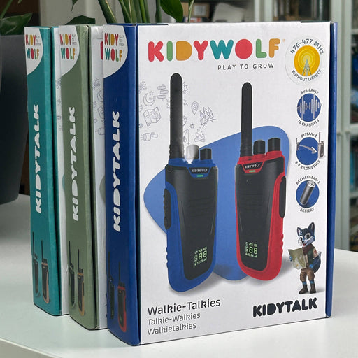 Box of Kidylwolf walkie-talkies on a white surface with a blurred background