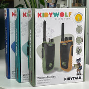 Box of KIDYWOLF walkie-talkies with colorful design and product illustration.