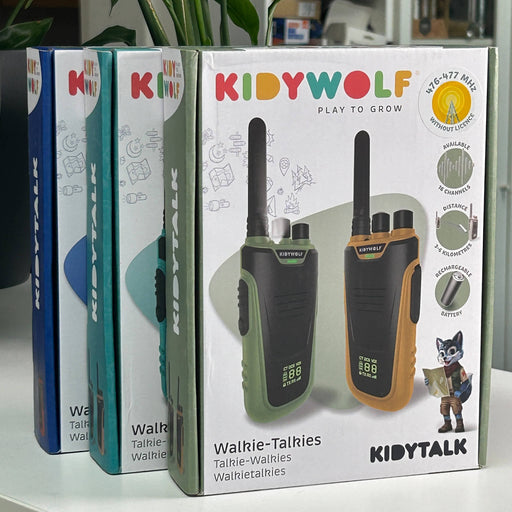Box of KIDYWOLF walkie-talkies with colorful design and product illustration.