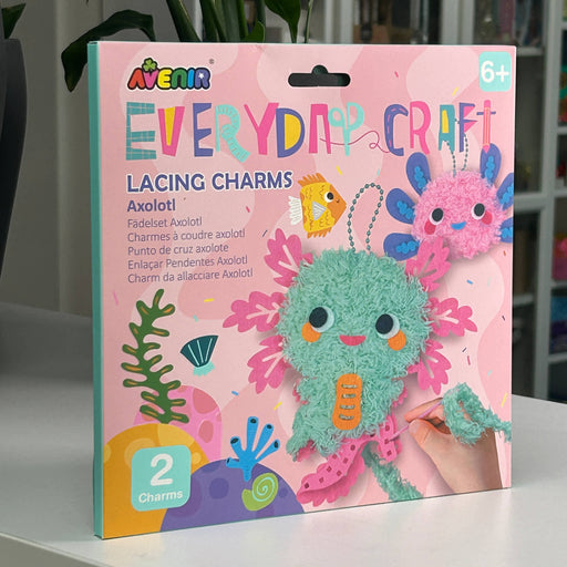 Avenir Everyday Craft Lacing Charms packaging with colorful characters on a pink background