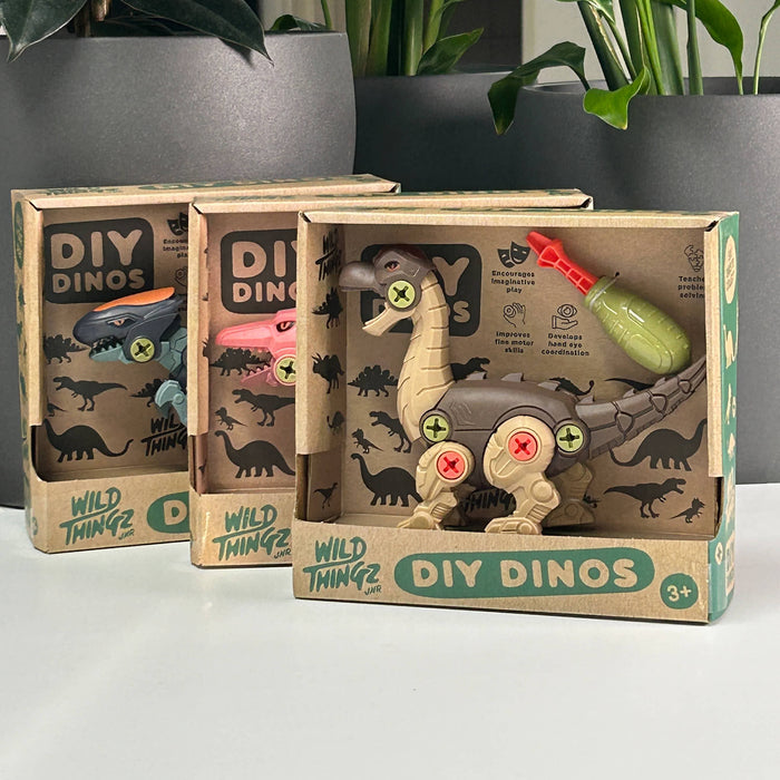 Toy Brachiosaurus dinosaur set in a 'DIY Dinos' box with plant in the background