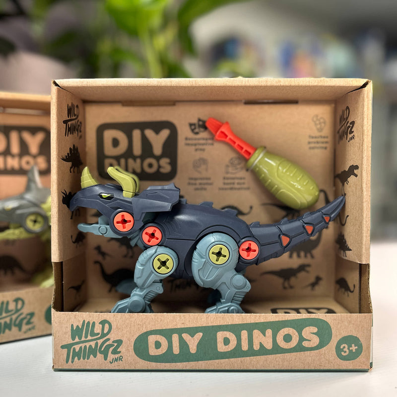 DIY Dino Triceratops Wild Thin Toy dinosaur in a 'DIY Dinos' box with 'Wild Things' branding.
