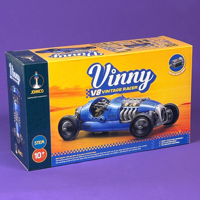 Box of Vinny V8 Vintage Racer toy on a purple background