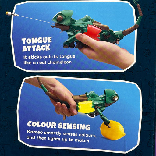 kameo Toy chameleon with features highlighted on a blue background