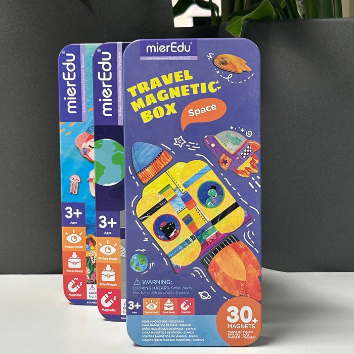 mierEdu travel magnetic box packaging with colorful design on a gray background