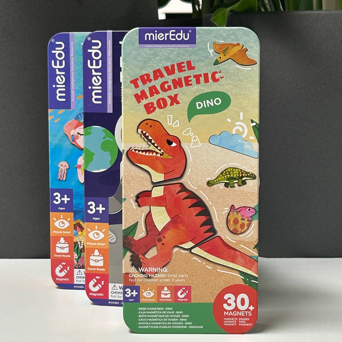 mierEdu travel magnetic box with dinosaur design on packaging