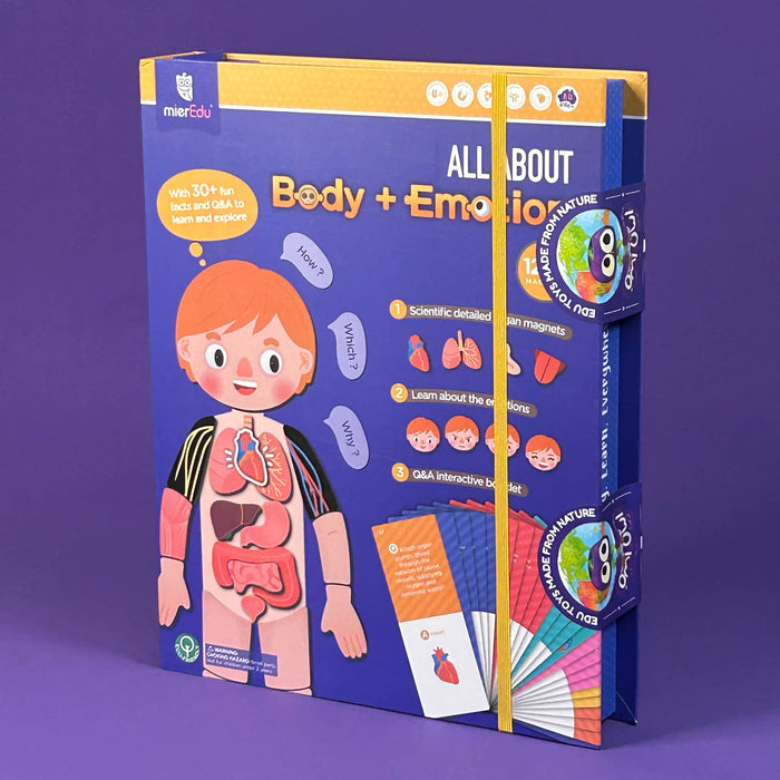Educational toy packaging for 'All About Body & Emotions' on a purple background