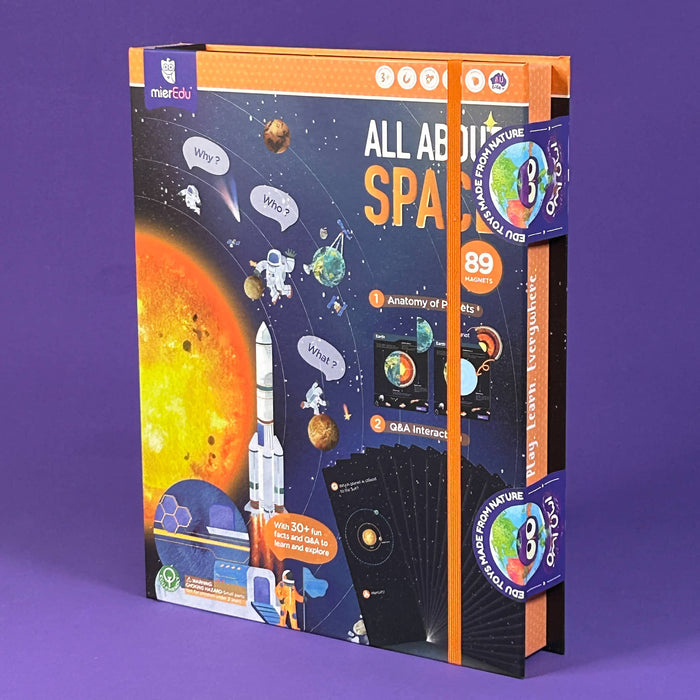 Educational space-themed book set on a purple background