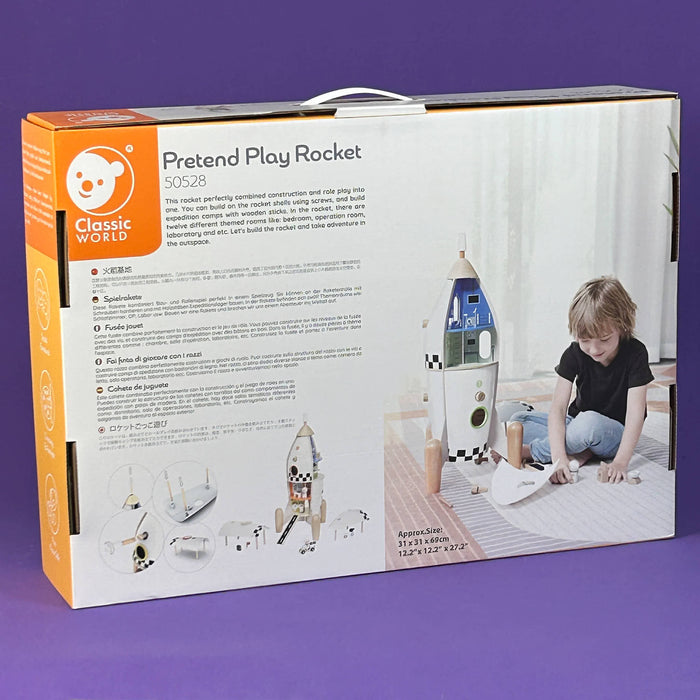 Box for a pretend play rocket set by Classic World on a purple background