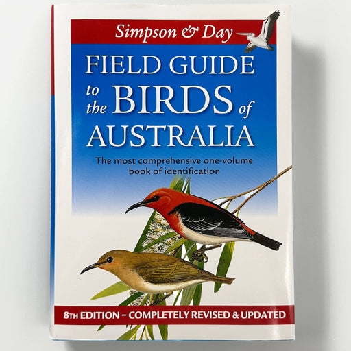 Book titled 'Field Guide to the Birds of Australia' by Simpson & Day on a white background
