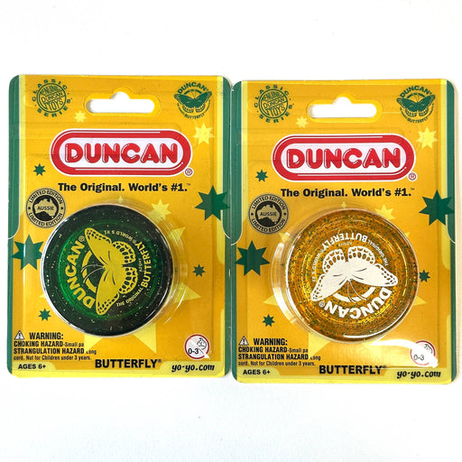 Duncan yoyo aussie yo-yo limited edition butterfly string figure packaging on a white background Two packages of Duncan Butterfly yo-yos on a white background