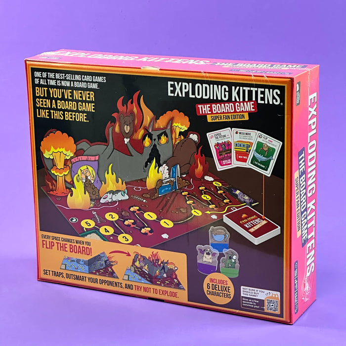 Board game box for 'Exploding Kittens' on a purple background