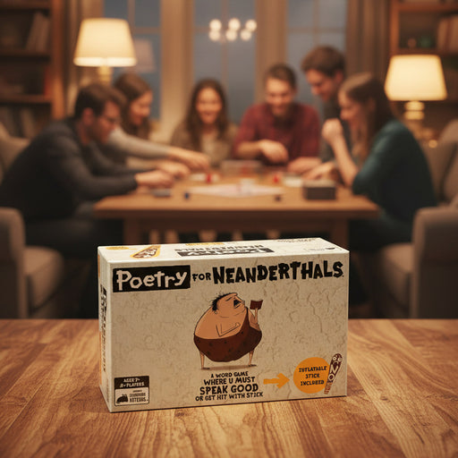 Box of 'Poetry for Neanderthals' game people playing on the background