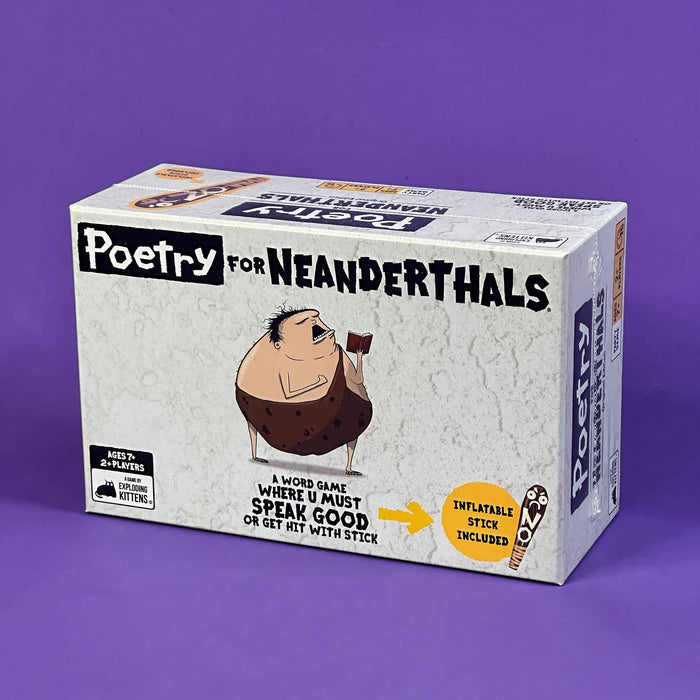 Box of 'Poetry for Neanderthals' game on a purple background