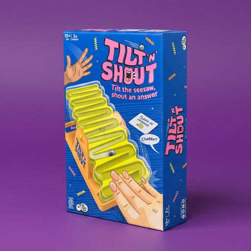 Box of 'tilt and shout' game on a purple background