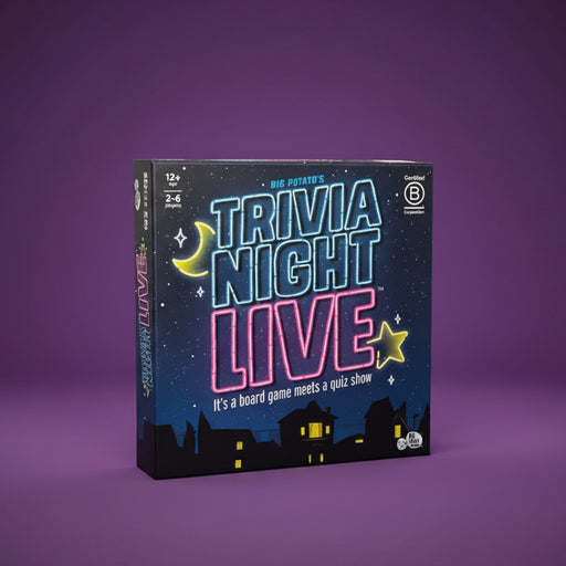 Trivia Night Live board game box on a  purple background