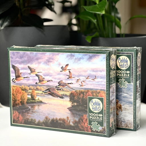 Cobble Hill puzzle box with a scenic design of geese flying over a river.