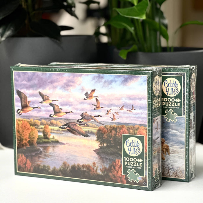 Cobble Hill puzzle box with a scenic design of geese flying over a river.