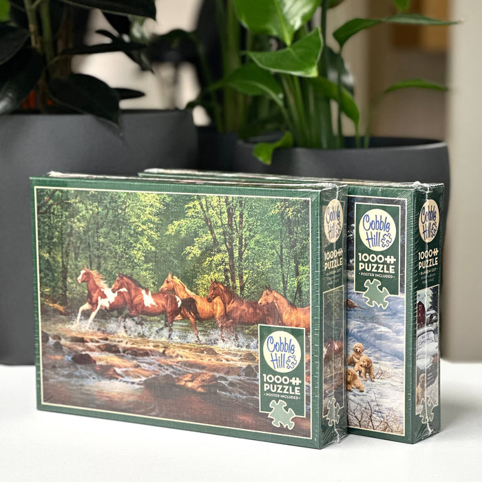 Cobble Hill puzzle box Two Cribbage Hill puzzle boxes with nature-themed artwork on a white surface.