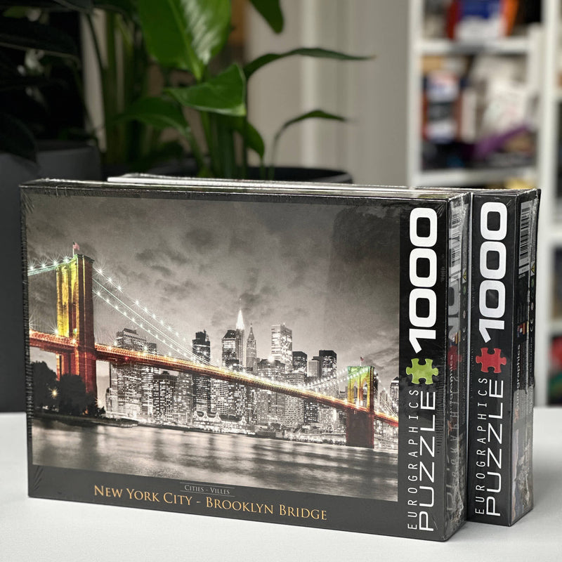 Puzzle box featuring the Brooklyn Bridge and New York City skyline with Eurographics branding.
