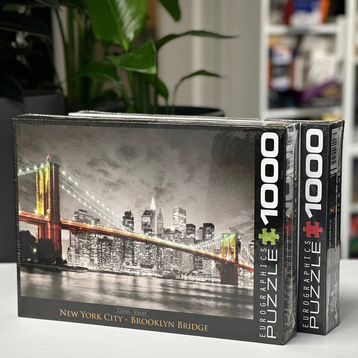 Puzzle box featuring the Brooklyn Bridge and New York City skyline with Eurographics branding.