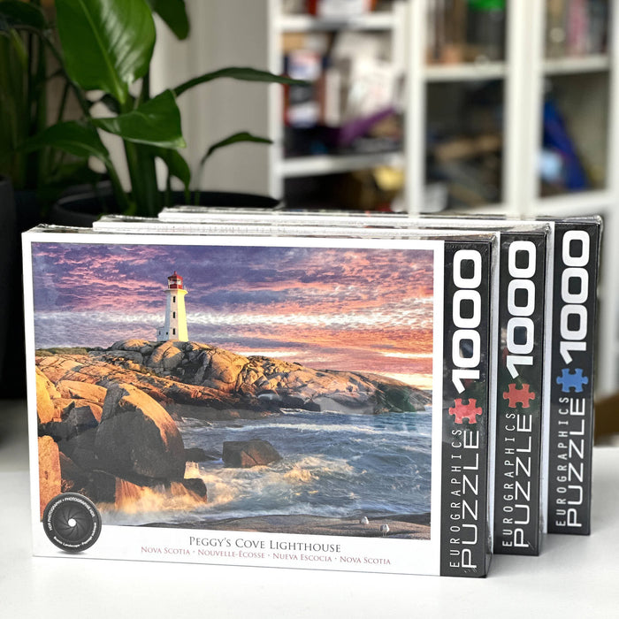 Two Eurographics puzzle boxes with a lighthouse scene on a table.