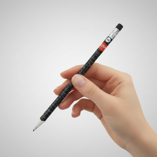 Hand holding a black pencil with a white eraser on a light gray background