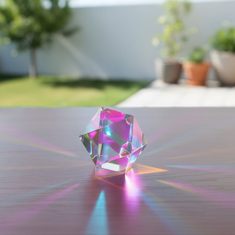 A clear CMY Cube faceted crystal ball prism sculpture sitting on a wooden table, casting vibrant pink, purple, and blue light rays in an outdoor garden setting with a blurred background.