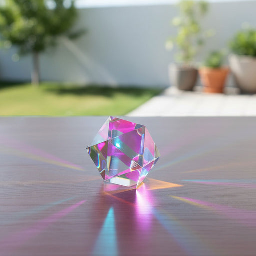 A clear CMY Cube faceted crystal ball prism sculpture sitting on a wooden table, casting vibrant pink, purple, and blue light rays in an outdoor garden setting with a blurred background.