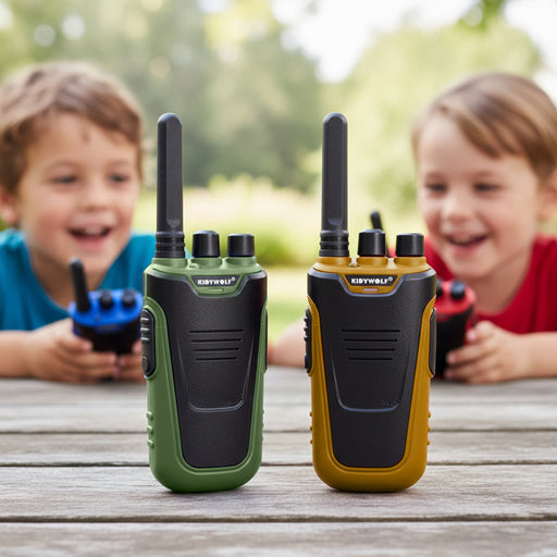 Two KIDYWOLF walkie-talkies standing upright on a wooden table, with two children holding other walkie-talkies blurred in the background outdoors.