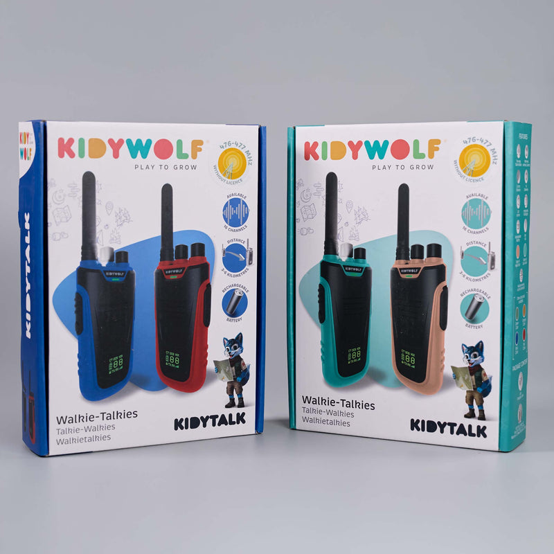 Two retail boxes of KIDYWOLF Kidytalk walkie-talkies shown side by side on a light gray studio background. The left box is blue and features black and red walkie-talkies, while the right box is teal and features black and beige walkie-talkies.