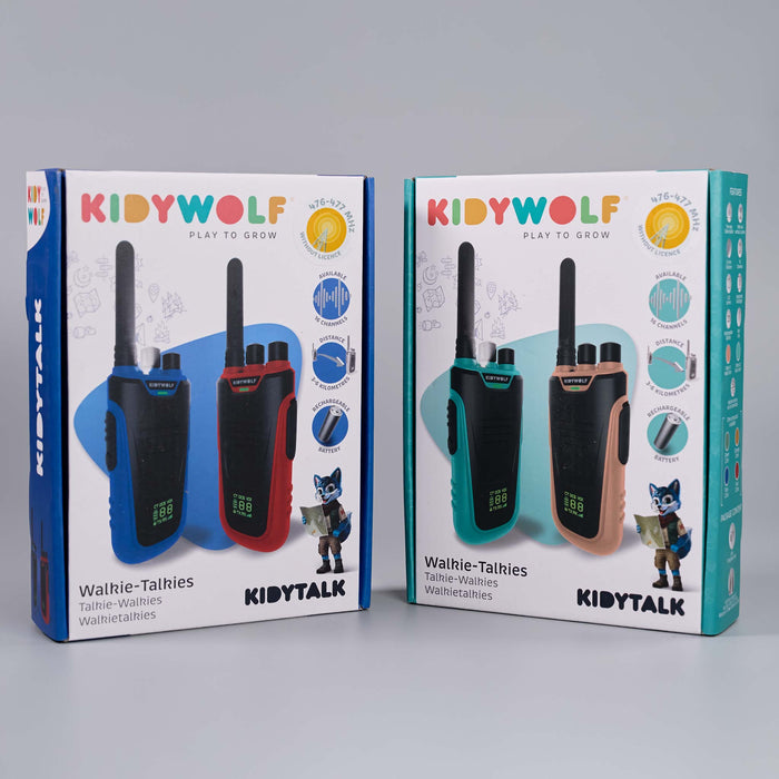 Two retail boxes of KIDYWOLF Kidytalk walkie-talkies shown side by side on a light gray studio background. The left box is blue and features black and red walkie-talkies, while the right box is teal and features black and beige walkie-talkies.