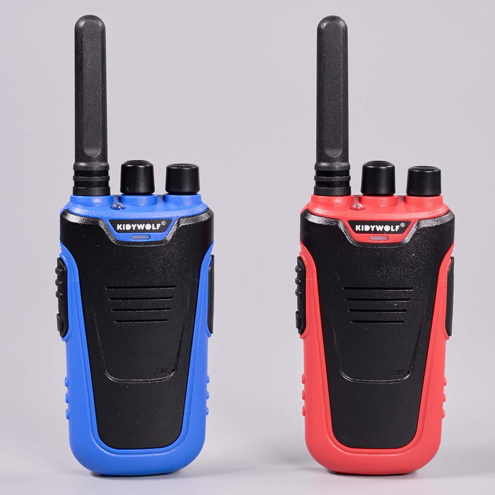 Two Kidywolf walkie-talkies shown side by side on a light gray background, one in blue and one in red.