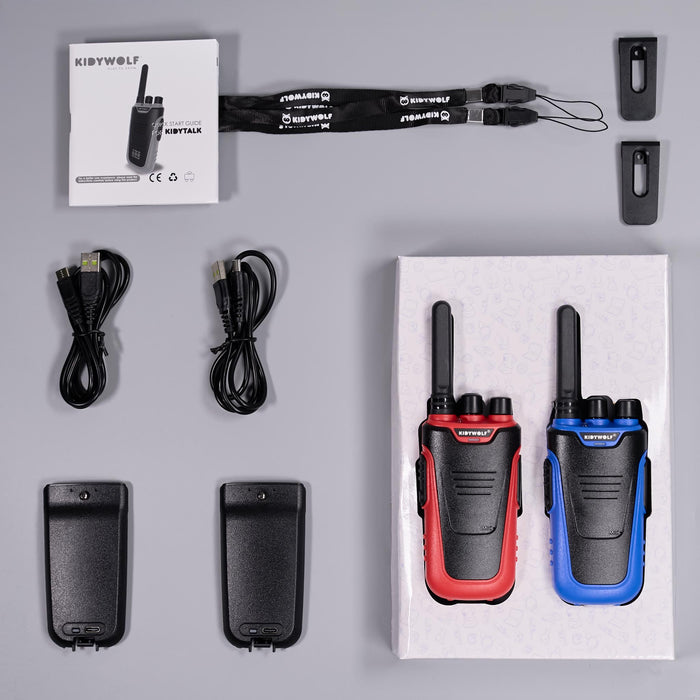 A pair of Kidywolf wireless walkie-talkies in red and blue, displayed with their accessories including two black battery packs, two USB charging cables, a black wrist strap, and the original box on a gray background.
