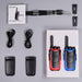 A pair of Kidywolf wireless walkie-talkies in red and blue, displayed with their accessories including two black battery packs, two USB charging cables, a black wrist strap, and the original box on a gray background.