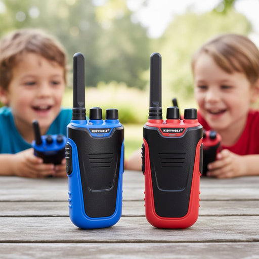Two children holding toy walkie-talkies are smiling in the background behind two larger walkie-talkies standing on a wooden table. The walkie-talkies are blue and red with black antennas and black front panels.