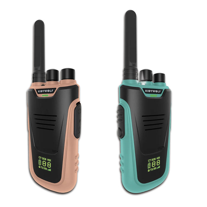 Two Kidywolf walkie-talkies shown side by side on a plain white background. The left one has a peach-pink body, and the right one has a teal body, both with black antennas and black front panels.