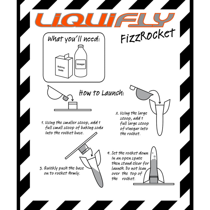 An instructional graphic for the Liquify FizzRocket craft, showing step-by-step directions on how to launch the rocket with illustrations and text instructions on a white background with black and orange branding.