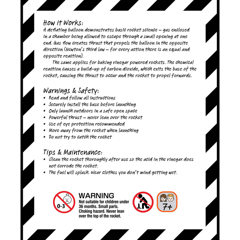 An informational poster with black and white diagonal borders, featuring text sections titled 'How it Works,' 'Warnings & Safety,' and 'Tips & Maintenance,' plus small warning icons at the bottom.