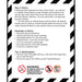 An informational poster with black and white diagonal borders, featuring text sections titled 'How it Works,' 'Warnings & Safety,' and 'Tips & Maintenance,' plus small warning icons at the bottom.