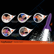 Instruction graphic for the FizzRocket by LIQUIFY, showing a purple and orange rocket launching on a black background with six numbered circular photos demonstrating how to assemble and use the toy.