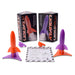 Two colorful rocket-shaped toys with packaging and accessories on a white background
