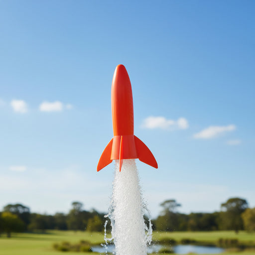 A red plastic toy rocket launching upward with white water spray, set against a blurred outdoor background of green fields and trees under a blue sky.
