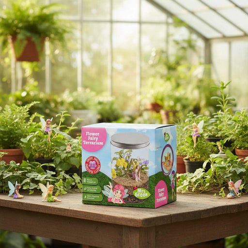 A boxed fairy terrarium kit sits on a wooden table in a sunlit greenhouse surrounded by potted plants. The package shows a clear glass jar with a silver lid, colorful soil, and small illustrated fairies, with the text 'Flower Fairy Terrarium' and 'In the Green'.