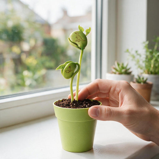 A hand gently holds a small magic bean from mrs green green seedling planter with two curved seedlings and decorative leaves, set on a windowsill with a blurred outdoor garden background.