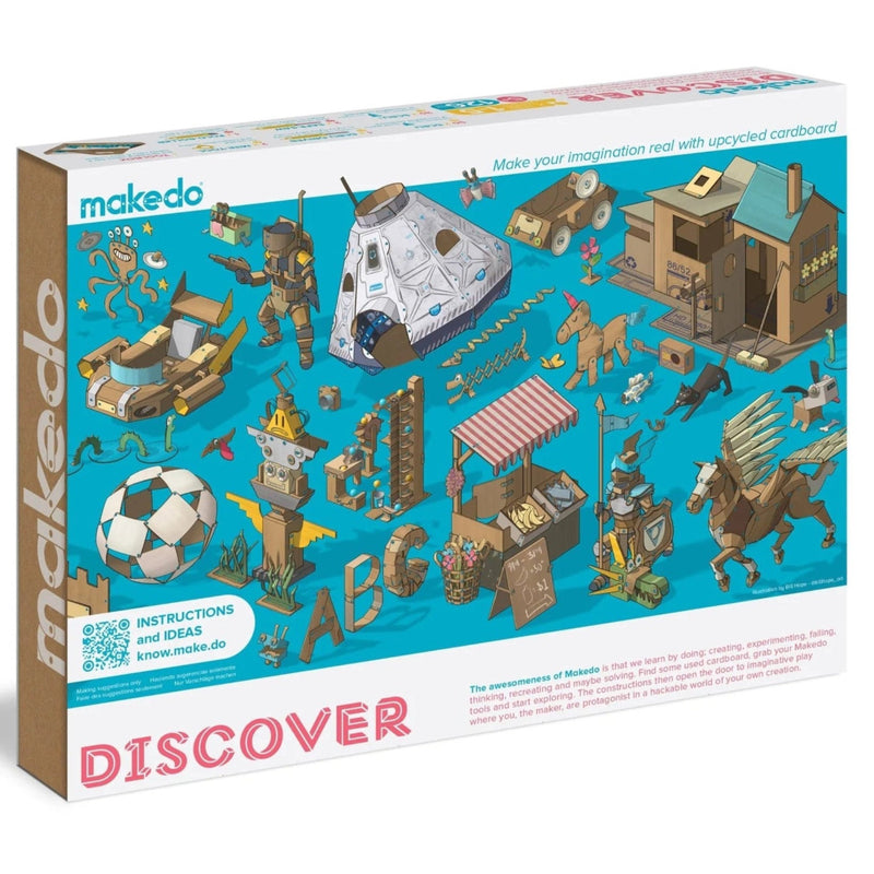 Makedo cardboard construction kit packaging with various cardboard models and 'Discover' text on a blue background.