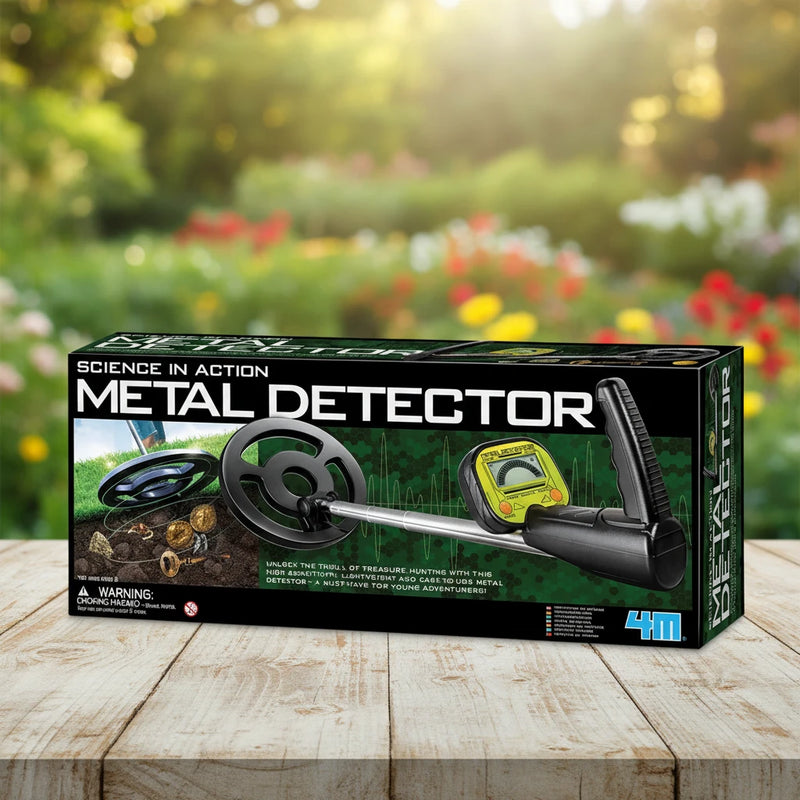 Boxed metal detector toy labeled 'Science in Action' by 4M, featuring an image of the detector and a child using it outdoors.